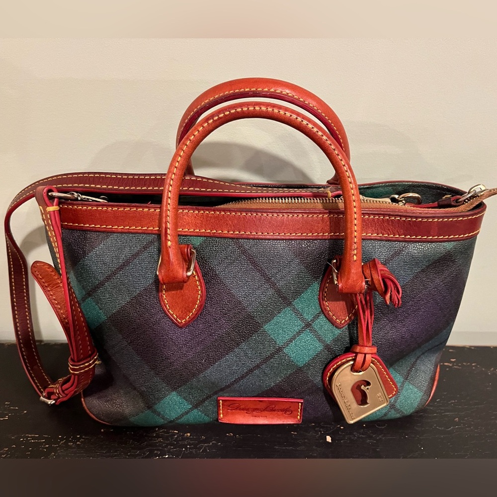 Dooney & Bourke Teal and Navy Plaid Satchel with Brown Trim